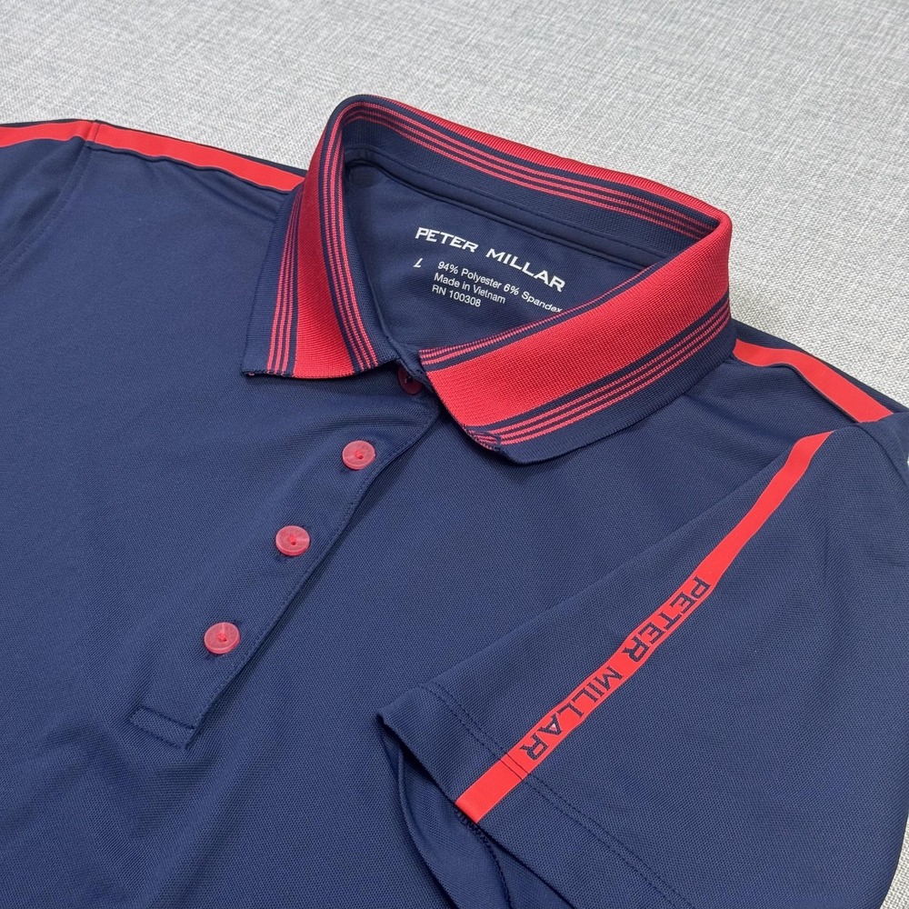 Peter Millar Hicks Stripe Collar Sport Mesh Golf Polo Womens Large Blue Red